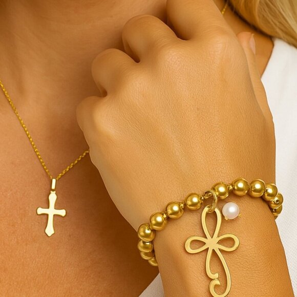 🆕️24K Gold Plated Stainless Steel Bracelet Unique Cross Charm Freshwater Pearl - Picture 8 of 14